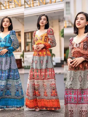 Đầm maxi họa tiết thổ cẩm tay dài cổ trái tim (đầm không kèm belt)