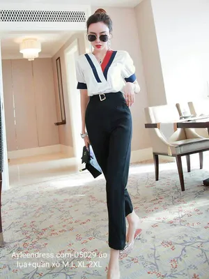 Set bộ quần tây áo lụa cổ V phối màu cao cấp