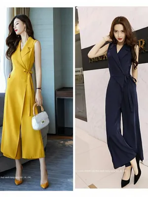 Jumpsuit ống rộng cổ vest cột dây eo sát nách