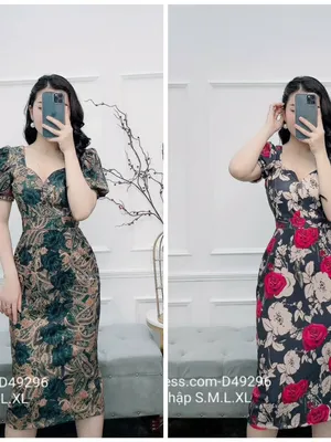 Đầm ôm body tay phồng cổ tim họa tiết hoa