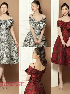 Đầm gấm xoè hai dây trễ vai