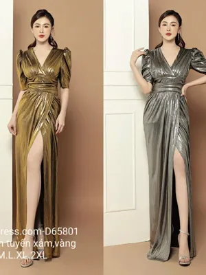 Đầm dạ hội nhũ kim tuyến cổ V tay lửng eo cao