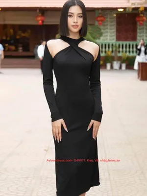 Đầm ôm body qua gối cổ yếm hở vai tay dài