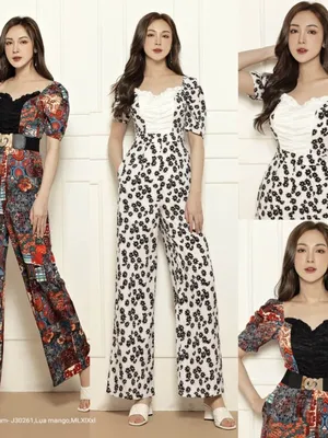 Jumpsuit cổ tim họa tiết phối ren (belt bán riêng)