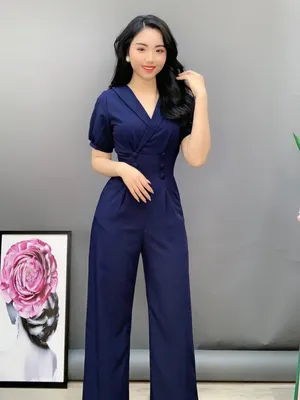 Jumpsuit thời trang nữ cổ vest đính nút phong cách Hàn Quốc