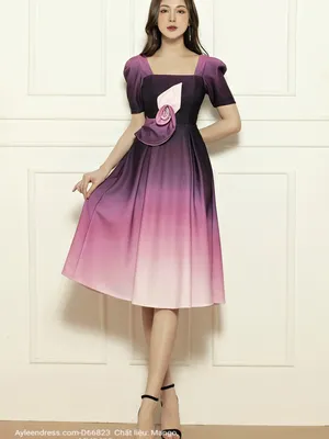 Đầm xòe ombre loang màu tím cổ vuông tay ngắn hoa eo