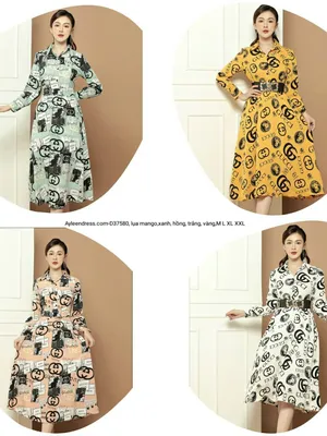 Đầm xoè họa tiết cổ sơ mi tay dài