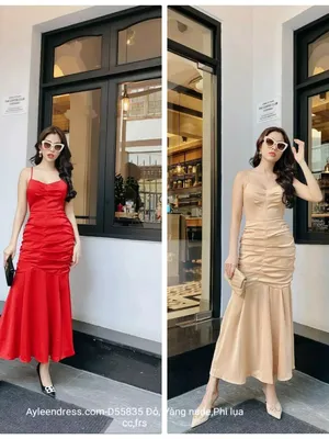 Đầm dạ hội hai dây nhún ngực đuôi cá lửng