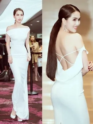 Đầm dạ hội màu trắng NT hở lưng chéo dây