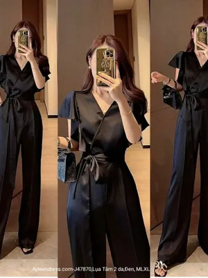 Jumpsuit màu đen tay cánh tiên cột eo