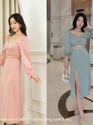 Set áo crop top áo dài tay chân váy xẻ tà