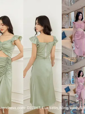 Set áo nhún ngực chân váy dây rút