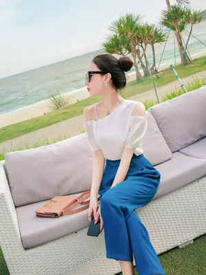 Set đồ quần baggy xanh phối áo lụa trắng Hàn quốc