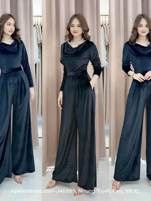 Jumpsuit nhung thiết kế cổ đổ tay dài cao cấp