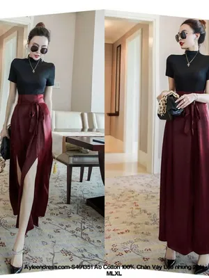 Set chân váy đỏ xẻ cột eo phối áo thun đen