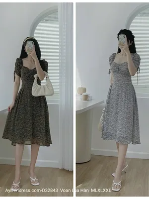 Đầm xoè họa tiết chấm bi tay dây rút
