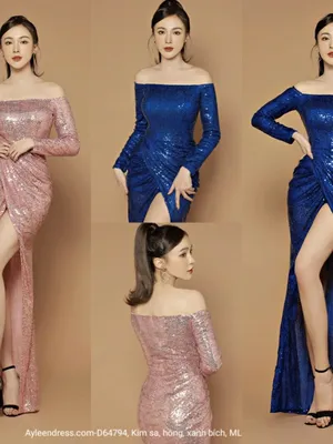 Đầm dạ hội kim sa trễ vai tay dài