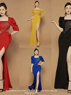 Đầm dạ hội kết pha lê cánh chim tay lửng