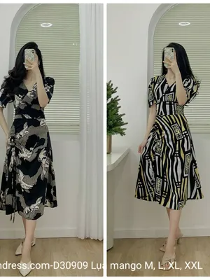 Đầm họa tiết trung niên xoè dây rút