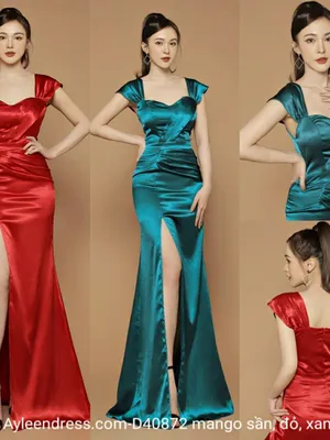 Đầm dạ hội phi xếp ly chéo ngực 2 dây bản to