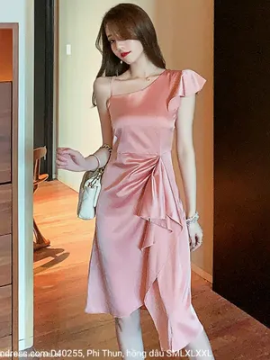 Đầm hồng 1 dây lai xéo