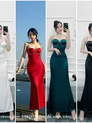 Đầm dạ hội hai dây viền dây trắng tới cúp ngực