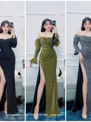 Đầm dạ hội cúp ngực trễ vai tay dài loe cổ tay