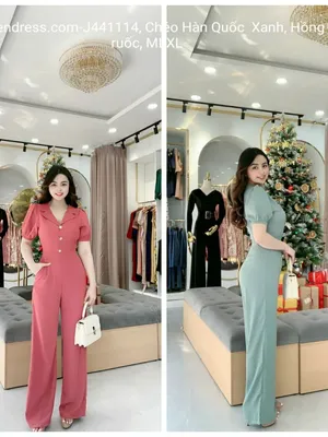 Jumpsuit hồng xanh ống suông cổ Vest nút đá