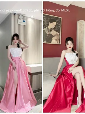 Đầm dạ hội xoè xẻ tà xếp ly phối trắng