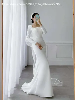Đầm dạ hội cô dâu tay dài cổ vuông dự tiệc