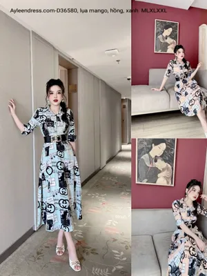 Đầm xoè cổ sơ mi in chữ tay dài