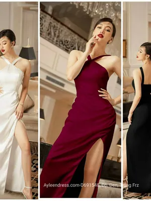 Đầm dạ hội cổ yếm hai dây xẻ tà dự tiệc