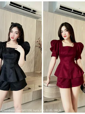 Set bộ đùi cổ vuông tay phồng áo peplum