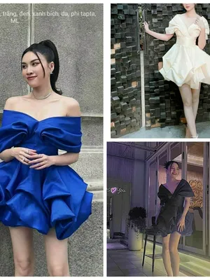 Đầm xòe dún trễ vai dáng ngắn