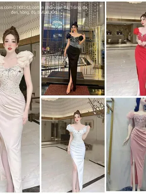 Đầm dạ hội trễ kết voan tay đính đá ngực eo