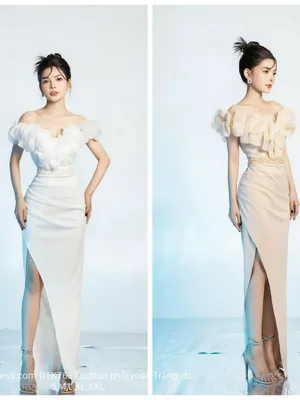 Đầm dạ hội xẻ tà trễ vai voan đính ngọc eo