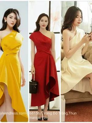 Đầm xòe kiểu lệch vai xếp ly eo xéo tà