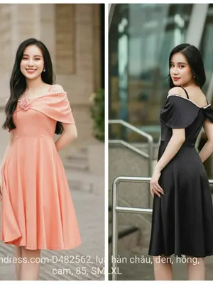 Đầm xòe trễ vai choàng đính ngọc trai và hoa hồng