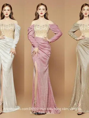 Đầm dạ hội rớt vai tay dài đá gương