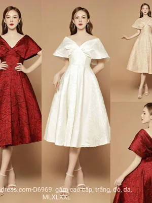 Đầm gấm xoè trễ vai (tùng xoè rất rộng)