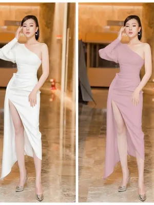 Đầm dạ hội kiểu lệch vai tay dài xẻ đùi