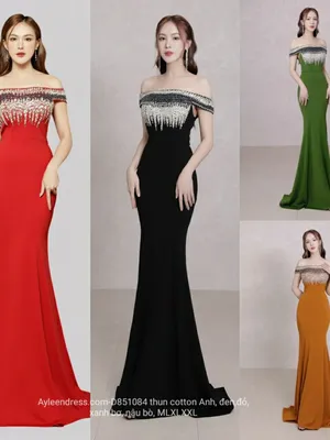 Đầm dạ hội trễ vai kết cầu kỳ