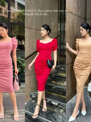 Đầm body xếp ly ngang tay phồng