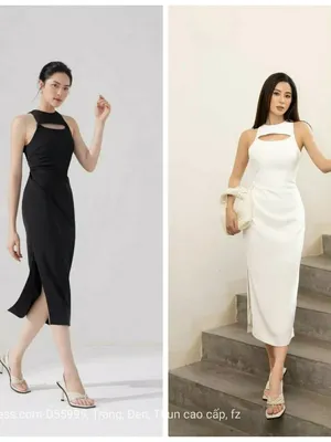 Đầm ôm body sát nách xẻ ngang ngực nhún eo