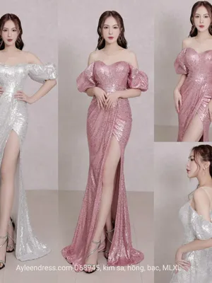 Đầm dạ hội kim sa tay phồng