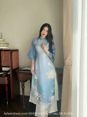 Set áo dài 4 tà kết hoa sen đá thủ công