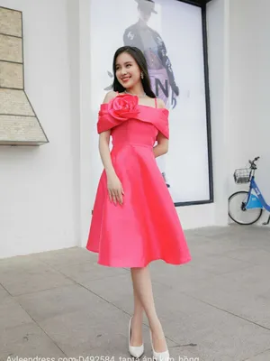 Đầm xòe trễ vai xếp ly 2 dây đính hoa hồng