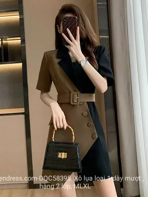 Đầm cổ vest đen phối nâu kèm belt