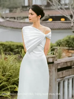 Đầm chữ A qua gối kiểu lệch vai xếp ly sang trọng