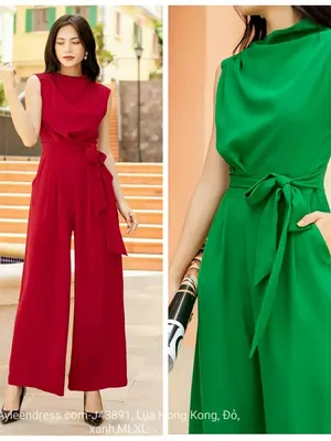 Jumpsuit màu đỏ xanh cổ cao cột eo